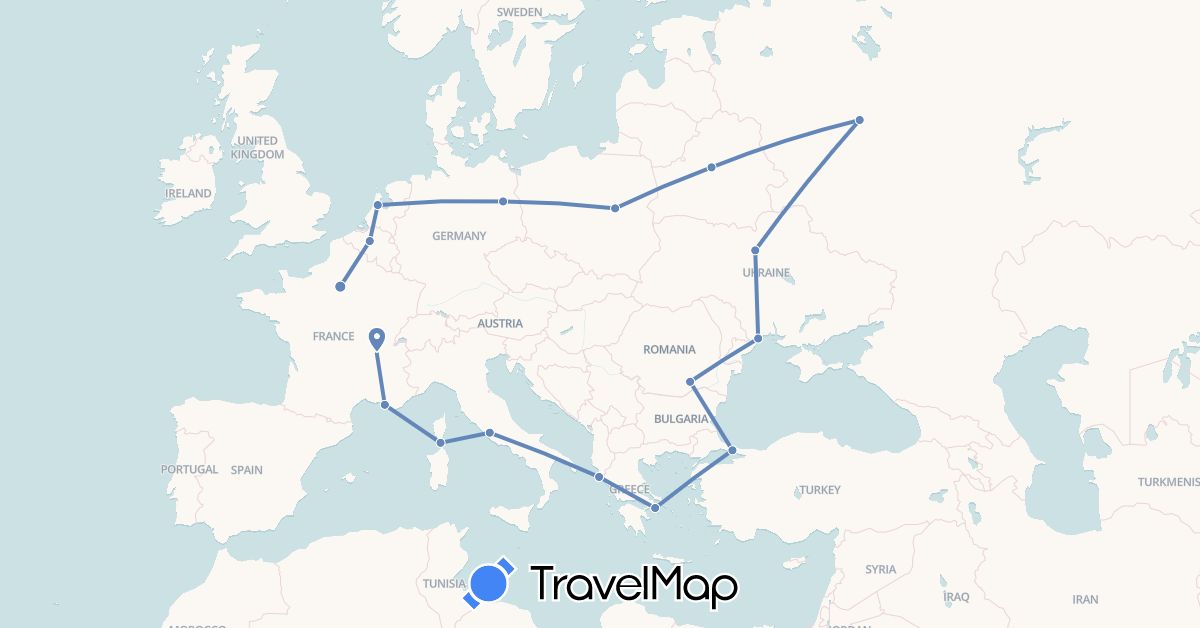 TravelMap itinerary: cycling in Belgium, Belarus, Germany, France, Greece, Italy, Netherlands, Poland, Romania, Russia, Turkey, Ukraine (Asia, Europe)